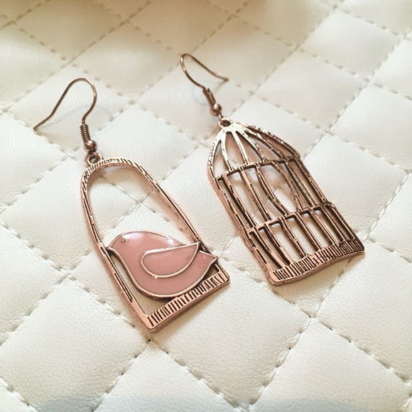 Bird Cage Antique Bronze Gold Chic Pink Earrings - Picture 6 of 8